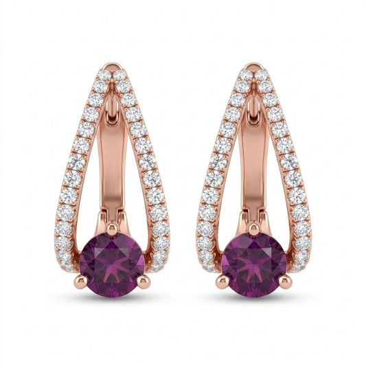 14K 5mm Round Royal Zambaran Garnet 0.55cttw VS White Diamonds Huggie Earrings