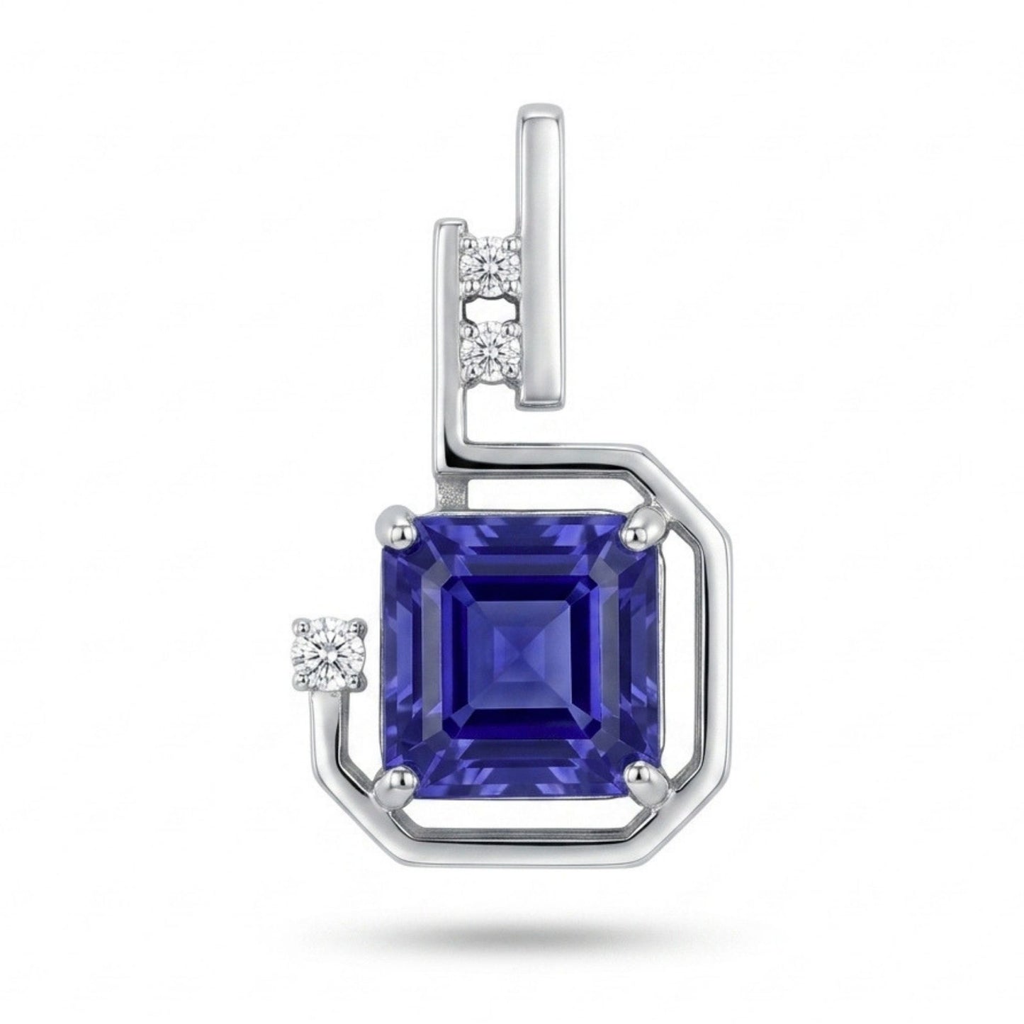 14K 2.14ct Asscher Cut Blue Wing Tanzanite 0.08cttw VS White Diamonds Pendant
