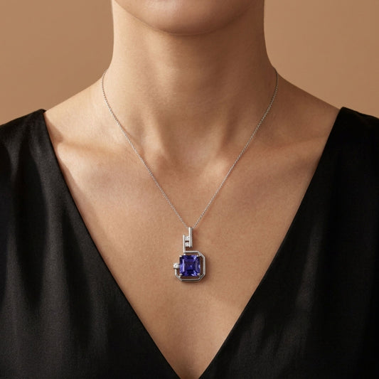 14K 2.14ct Asscher Cut Blue Wing Tanzanite 0.08cttw VS White Diamonds Pendant