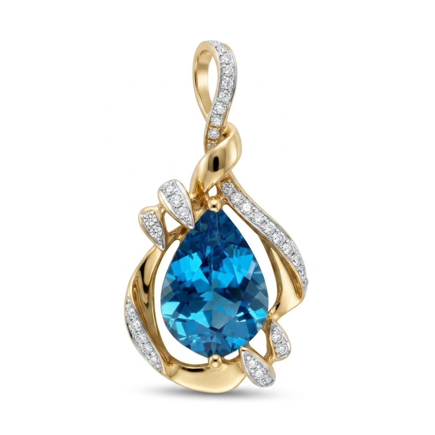 14K 4.33ct Leaf Cut Swiss Blue Topaz 0.18cttw VS White Diamonds Pendant