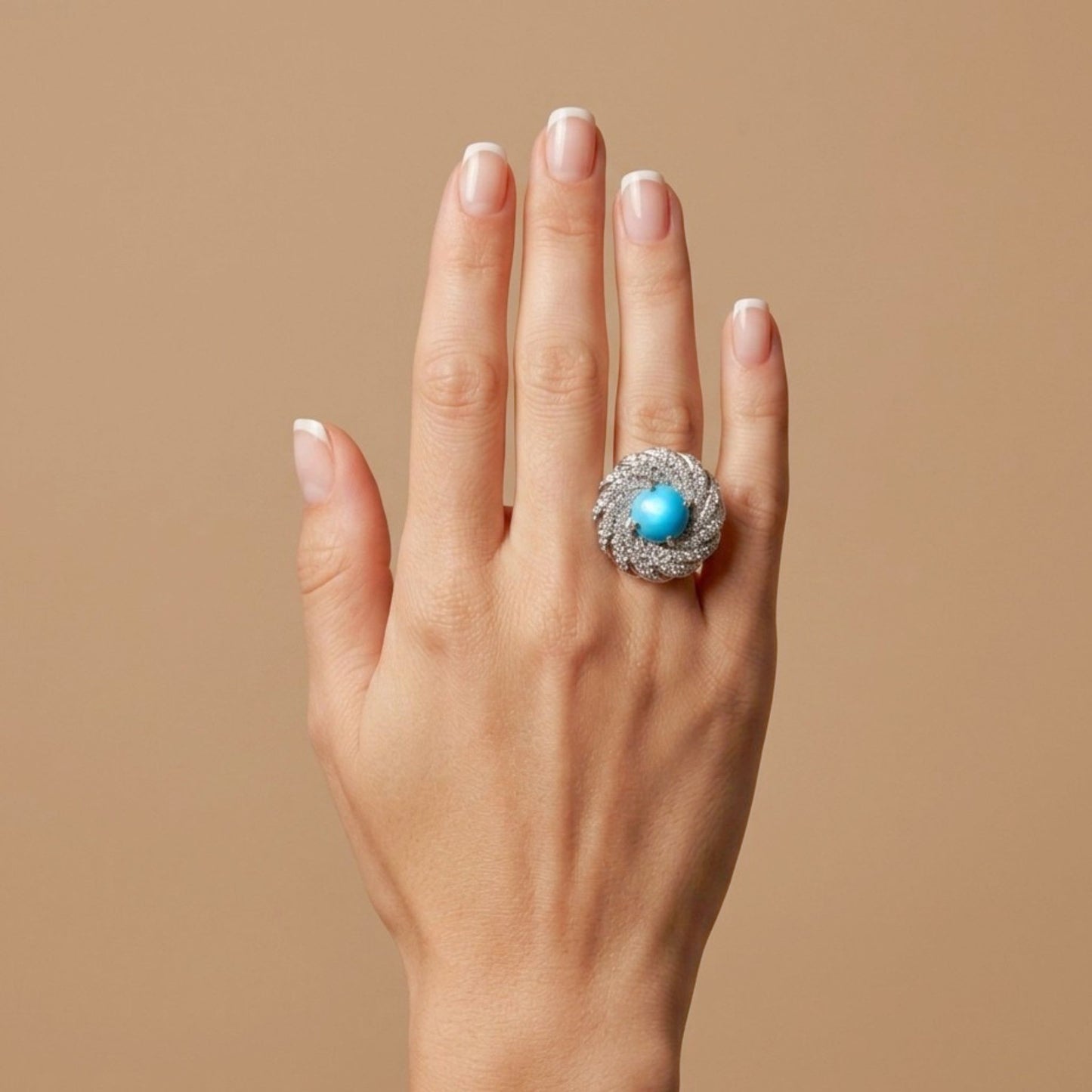 14K 3.44ct Round Sleeping Beauty Turquoise 0.99cttw VS White Diamonds Ring