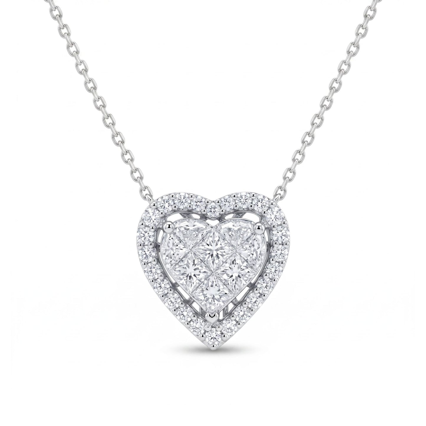 14K 0.55cttw Princess Cut White Diamond 0.24cttw White Diamonds Heart Necklace