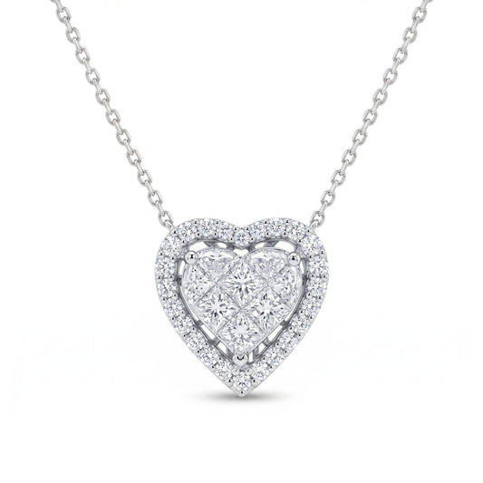14K 0.55cttw Princess Cut White Diamond 0.24cttw White Diamonds Heart Necklace