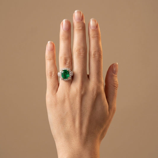 14K 4.91ct Cushion Zambian Emerald 1.58cttw VS White Diamonds Ring