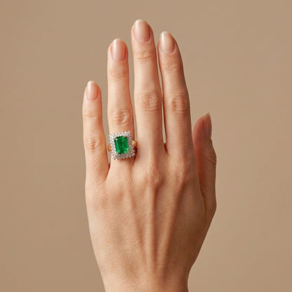14K 4.30ct Emerald Cut Zambian Emerald 1.18cttw VS White Diamonds Ring