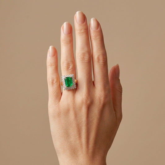 14K 4.30ct Emerald Cut Zambian Emerald 1.18cttw VS White Diamonds Ring