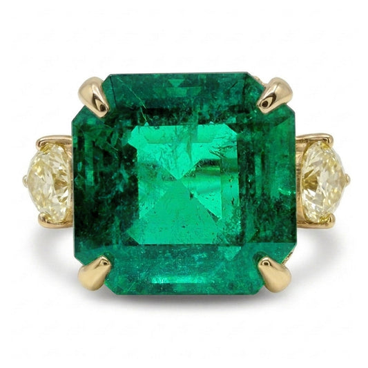 18K 11.98ct Emerald Cut Zambian Emerald 2.00cttw Pear Shape Yellow Diamond Ring