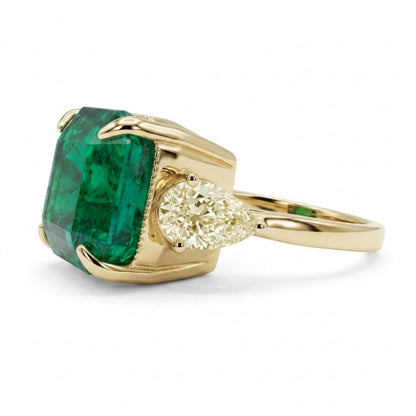 18K 11.98ct Emerald Cut Zambian Emerald 2.00cttw Pear Shape Yellow Diamond Ring