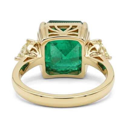18K 11.98ct Emerald Cut Zambian Emerald 2.00cttw Pear Shape Yellow Diamond Ring