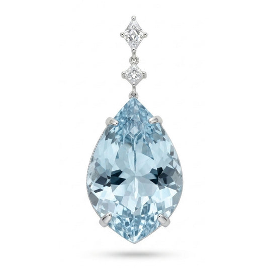 14K 30.88ct Fancy Cut Santa Maria Aquamarine 0.63cttw Kite Cut VS White Diamond Pendant