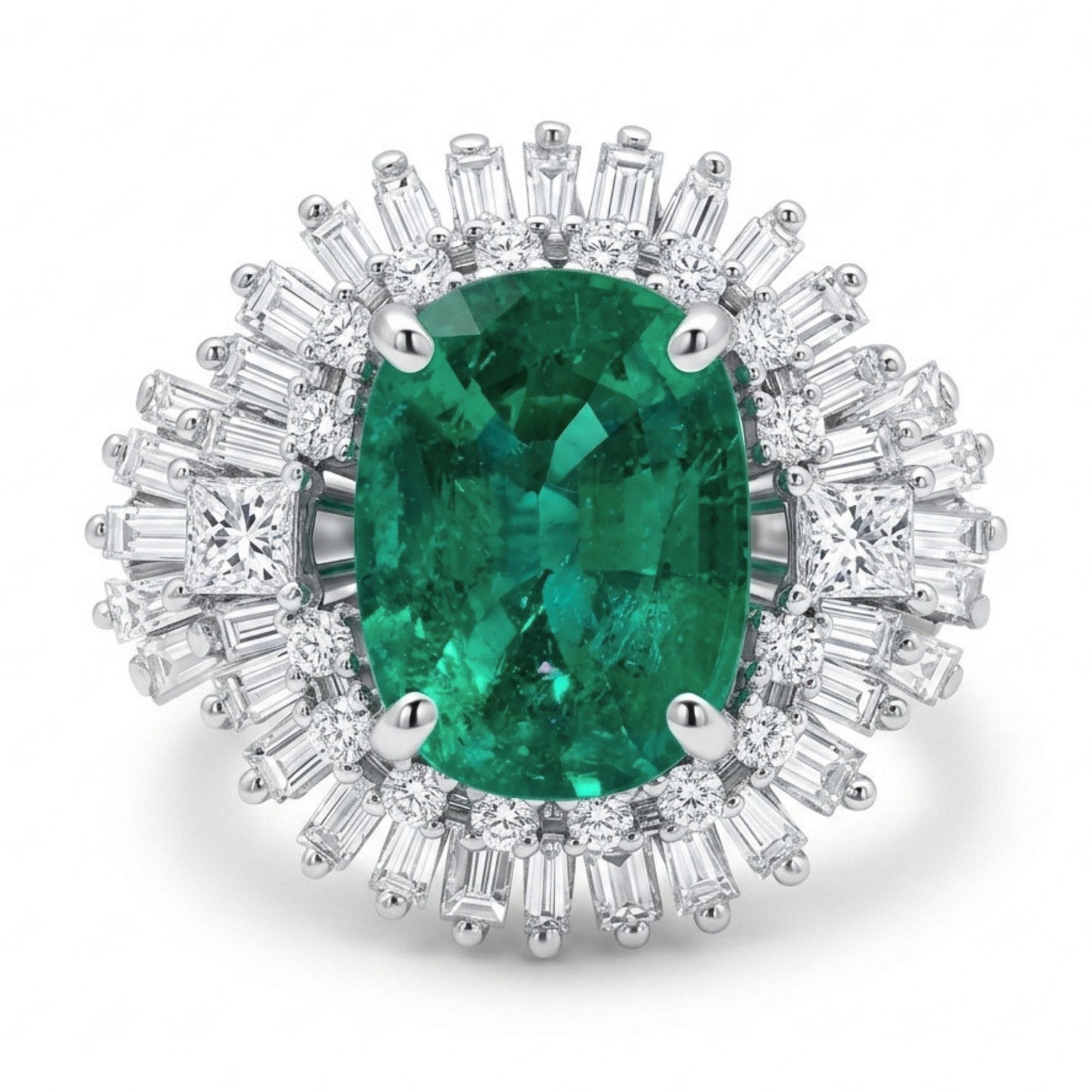 14K 4.02ct Cushion Zambian Emerald 1.92cttw White Diamond Ring