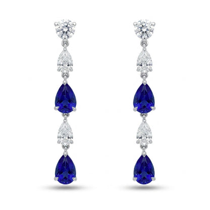 18K 2.18cttw Pear Shape Blue Sapphire 0.99cttw VS White Diamonds Drop Earrings