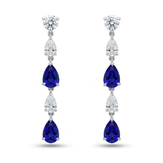 18K 2.18cttw Pear Shape Blue Sapphire 0.99cttw VS White Diamonds Drop Earrings