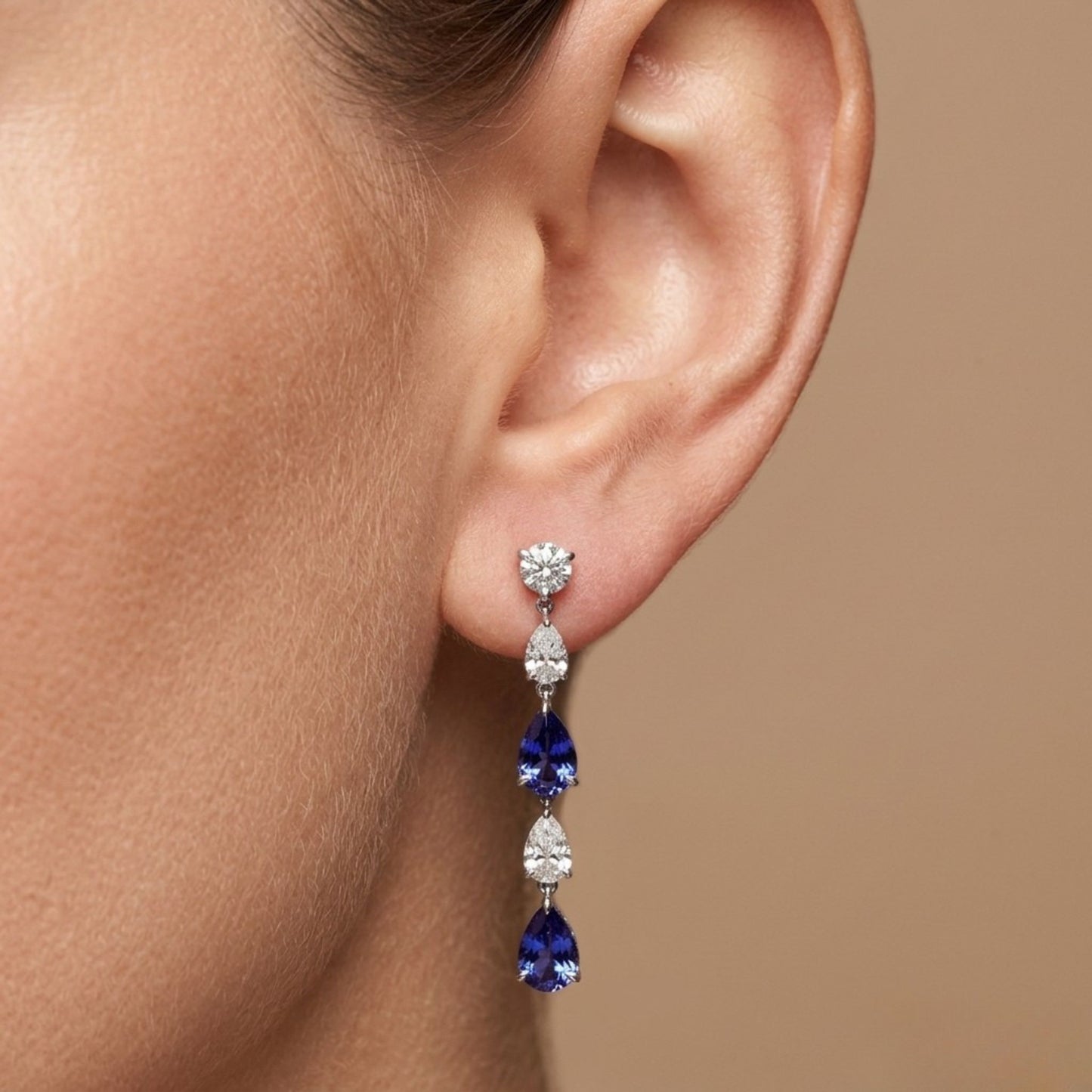 18K 2.18cttw Pear Shape Blue Sapphire 0.99cttw VS White Diamonds Drop Earrings