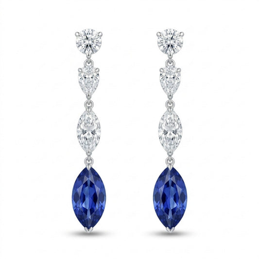 18K 2.07cttw Marquise Blue Sapphire 1.32cttw White Diamonds Drop Earrings