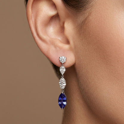 18K 2.07cttw Marquise Blue Sapphire 1.32cttw White Diamonds Drop Earrings