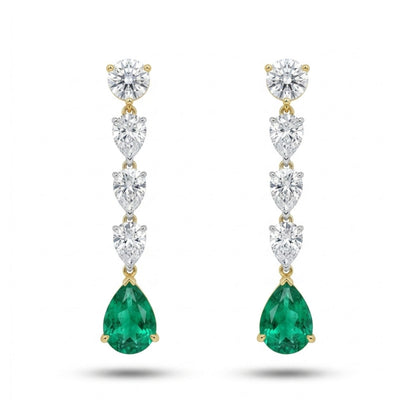 18K 1.05cttw Pear Shape Colombian Emerald 1.32cttw White Diamonds Drop Earrings