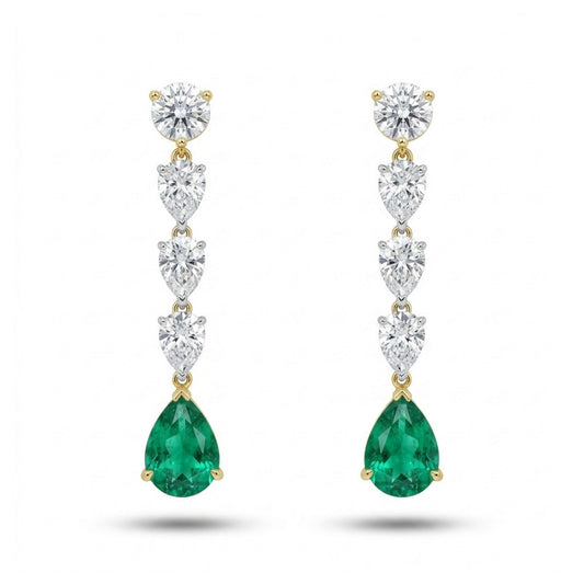 18K 1.05cttw Pear Shape Colombian Emerald 1.32cttw White Diamonds Drop Earrings