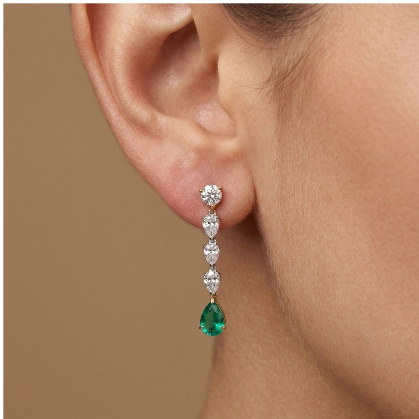 18K 1.05cttw Pear Shape Colombian Emerald 1.32cttw White Diamonds Drop Earrings