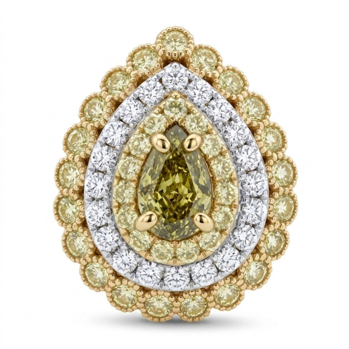 14K gold pear shape chameleon diamond ring with yellow and white diamonds