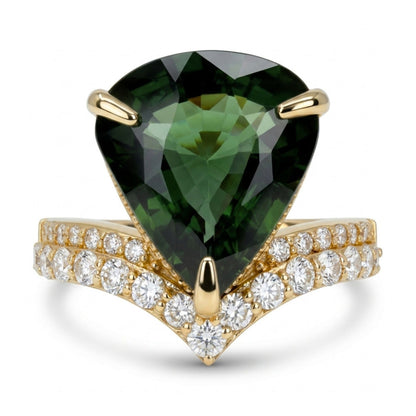 14K 4.67ct Pear Shape Green Zircon 0.53cttw VS White Diamonds Ring