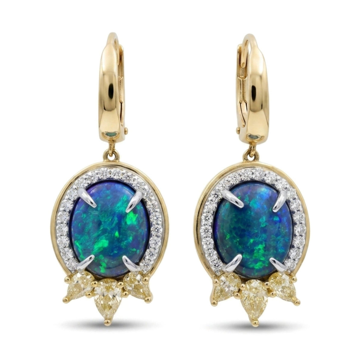 18K gold oval black opal drop earrings with VS yellow and white diamonds