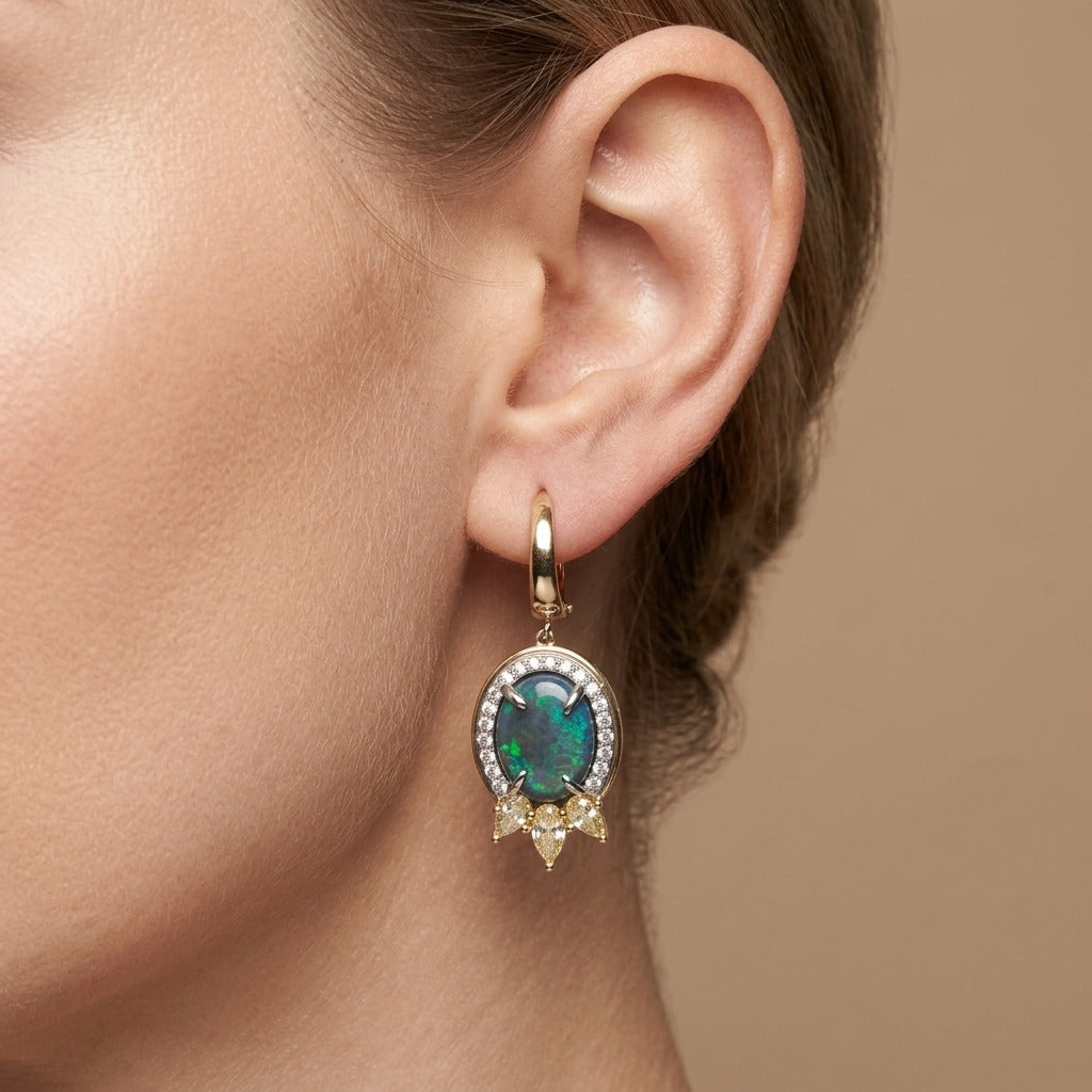 18K gold 8.78 cttw oval black opal drop earrings with VS yellow and white diamonds
