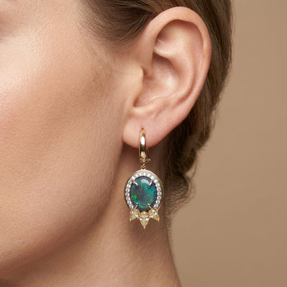 18K gold 8.78 cttw oval black opal drop earrings with VS yellow and white diamonds