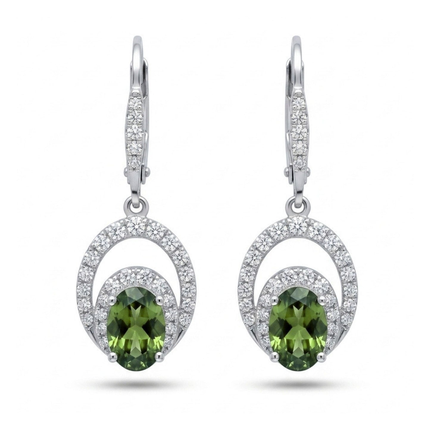 14K 1.02cttw Oval Unheated Green Sapphire 0.38cttw VS White Diamonds Drop Earrings