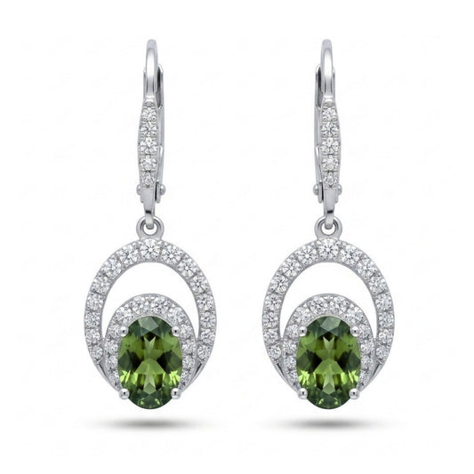 14K 1.02cttw Oval Unheated Green Sapphire 0.38cttw VS White Diamonds Drop Earrings