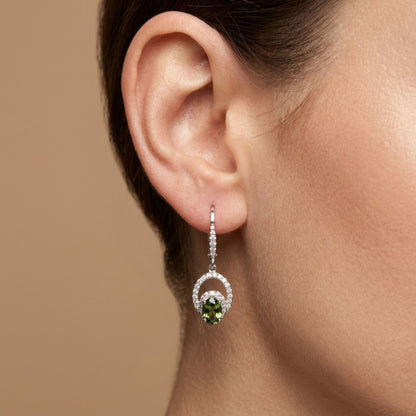 14K 1.02cttw Oval Unheated Green Sapphire 0.38cttw VS White Diamonds Drop Earrings