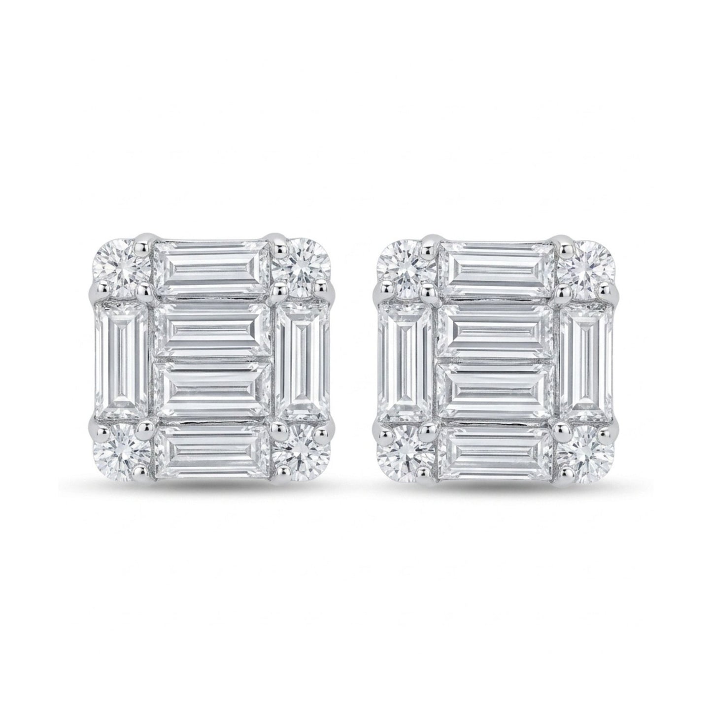 18K 0.29cttw Baguette & Round White Diamonds Stud Earrings
