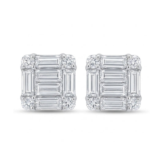 18K 0.29cttw Baguette & Round White Diamonds Stud Earrings