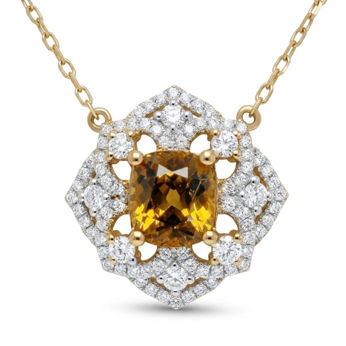14K 1.60ct Cushion Mali Garnet 0.64cttw VS White Diamonds Necklace