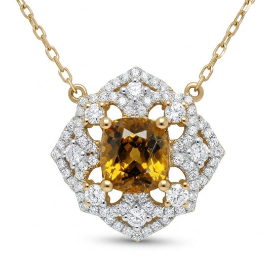 14K 1.60ct Cushion Mali Garnet 0.64cttw VS White Diamonds Necklace