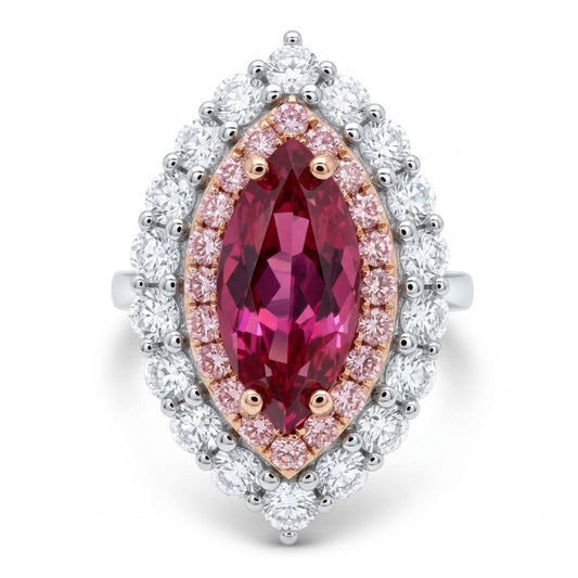 14K 3.06ct Marquise Mahenge Pink Spinel 1.64cttw Pink & White Diamonds Ring