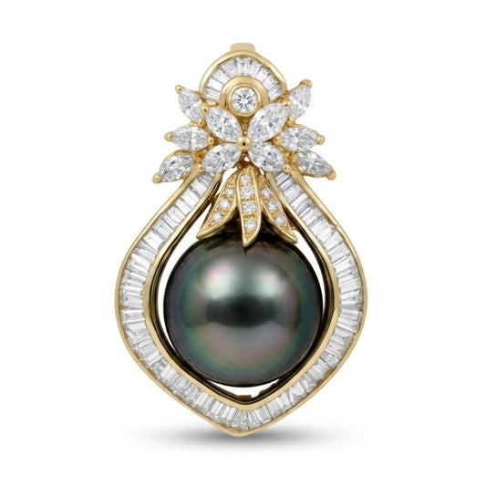 18K 14.5mm Tahitian Black Pearl 2.01cttw White Diamonds Pendant