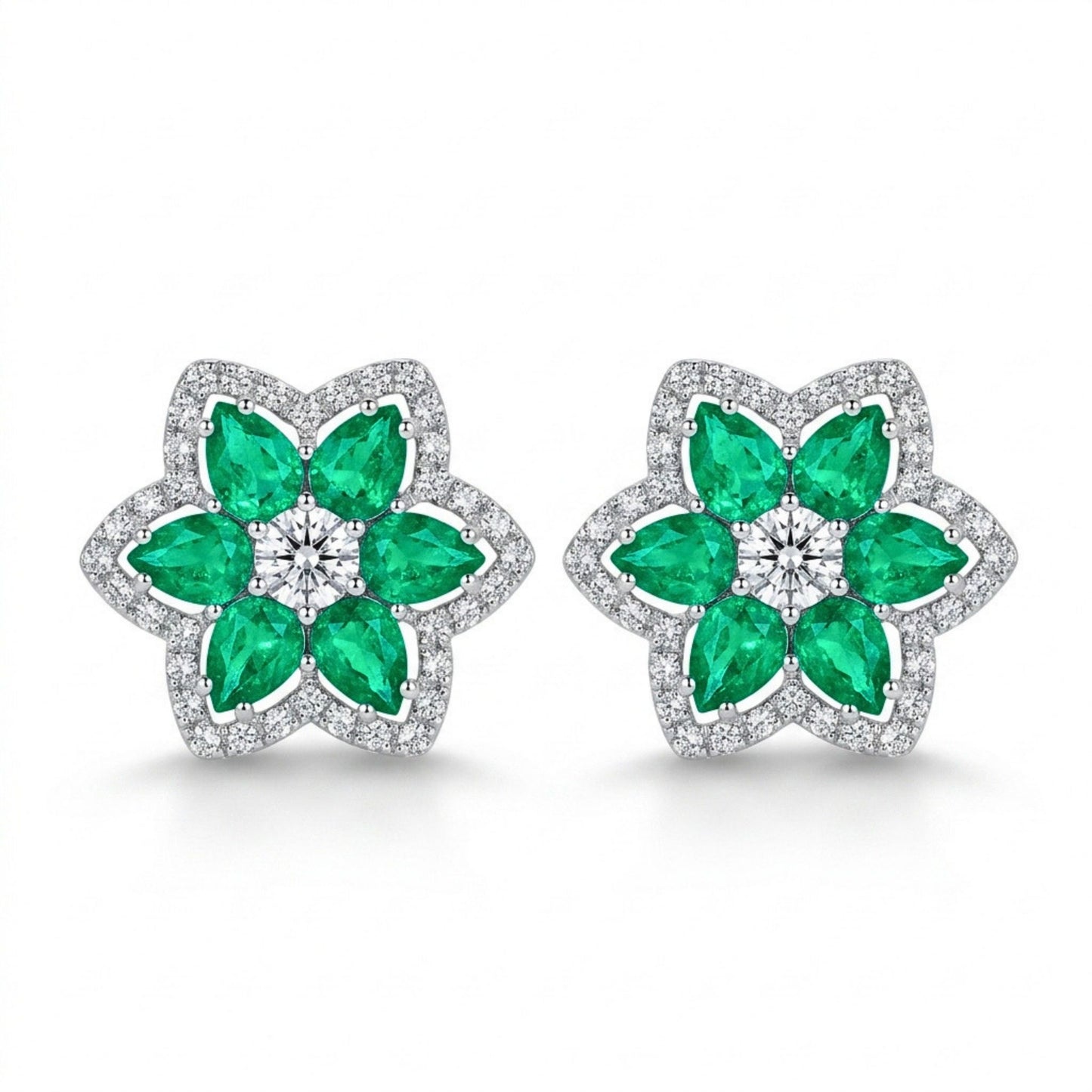 18K 1.60cttw Pear Shape Colombian Emerald 0.77cttw White Diamonds Stud Earrings