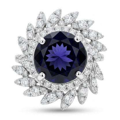 14K 3.28ct Round Iolite 1.11cttw VS White Diamonds Ring