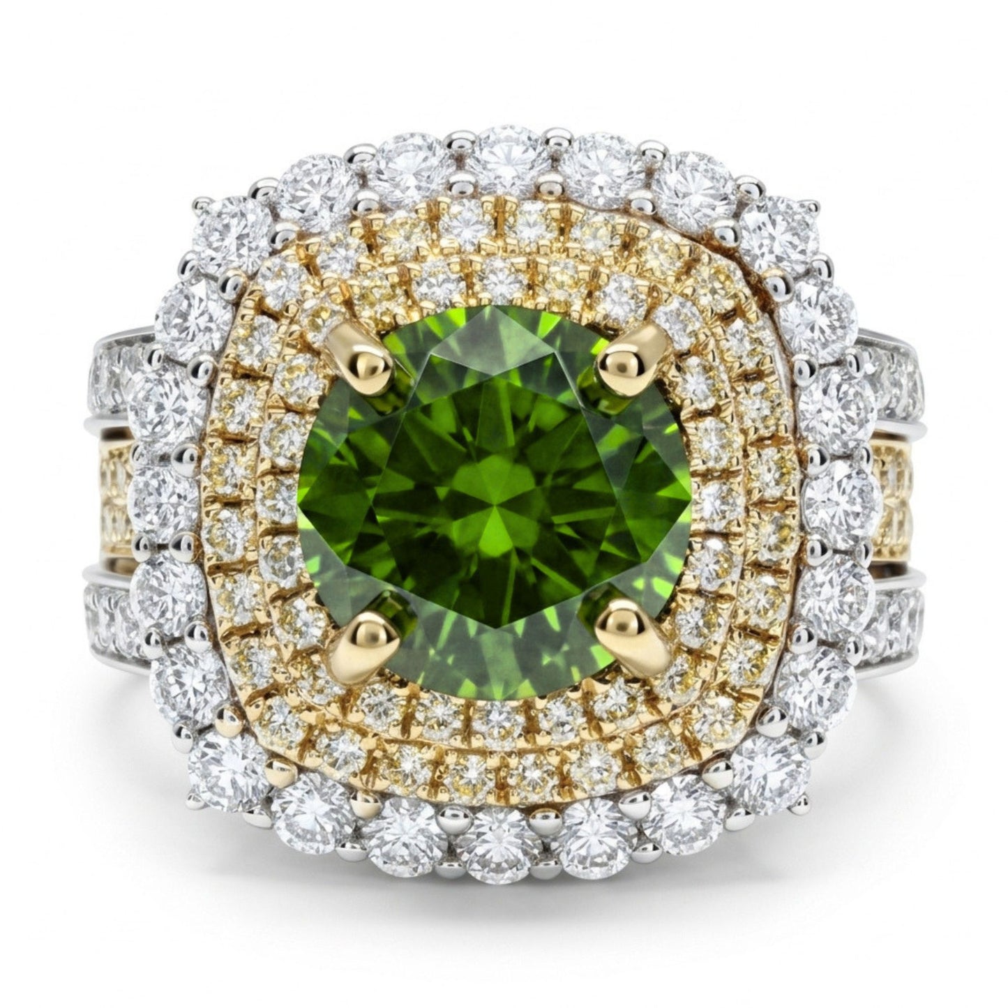 18K 1.97ct Round Russian Demantoid 1.47cttw VS Yellow & White Diamonds Ring