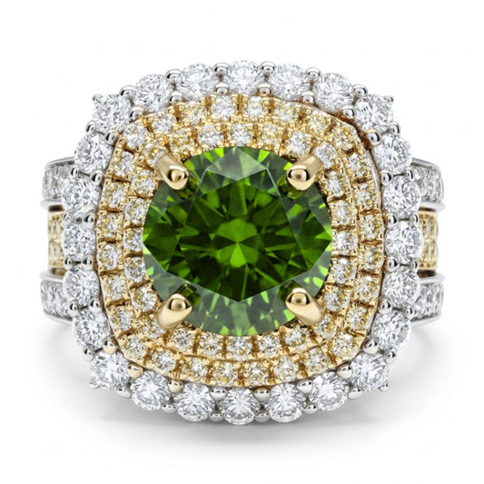 18K 1.97ct Round Russian Demantoid 1.47cttw VS Yellow & White Diamonds Ring