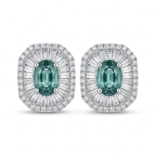 18K 1.55cttw Oval Alexandrite 1.17cttw VS White Diamonds Stud Earrings