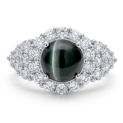 14K 2.39ct Round Cat's Eye Alexandrite 1.18cttw VS White Diamonds Ring