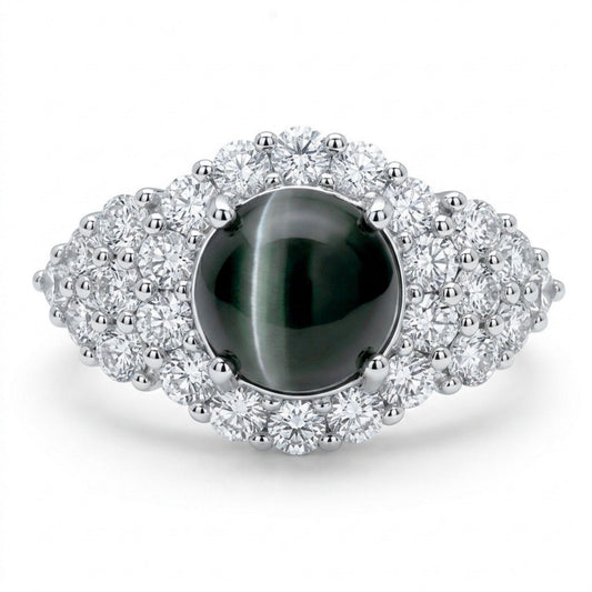 14K 2.39ct Round Cat's Eye Alexandrite 1.18cttw VS White Diamonds Ring