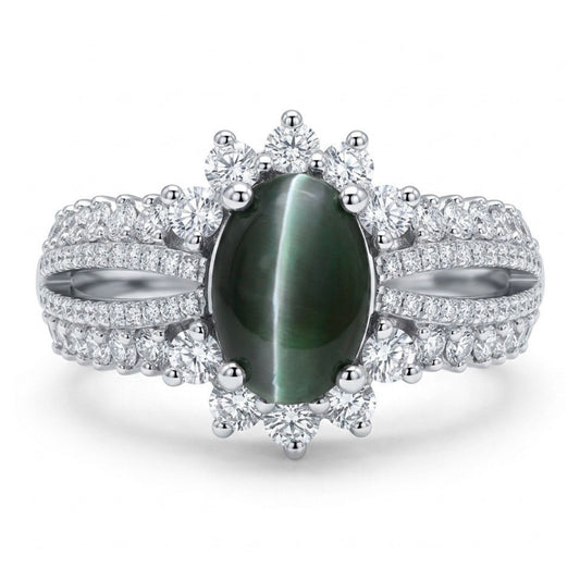 14K 1.89ct Oval Cat's Eye Alexandrite 0.97cttw VS White Diamonds Ring