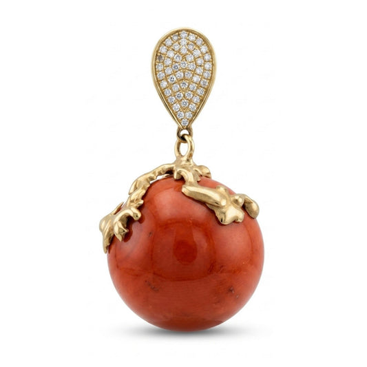 14K 17.5mm Coral 0.35cttw White Diamonds Pendant