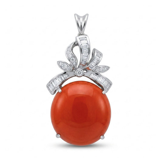 14K 16x15mm Oval Mediterranean Coral 0.39cttw White Diamonds Pendant