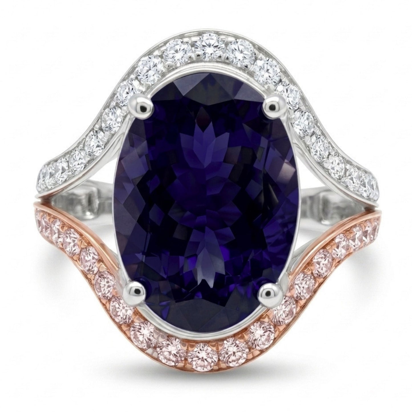 14K 4.40ct Oval Iolite 0.85cttw Pink & White Diamonds Ring