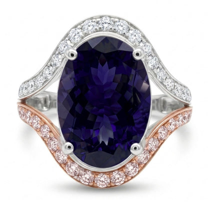 14K 4.40ct Oval Iolite 0.85cttw Pink & White Diamonds Ring