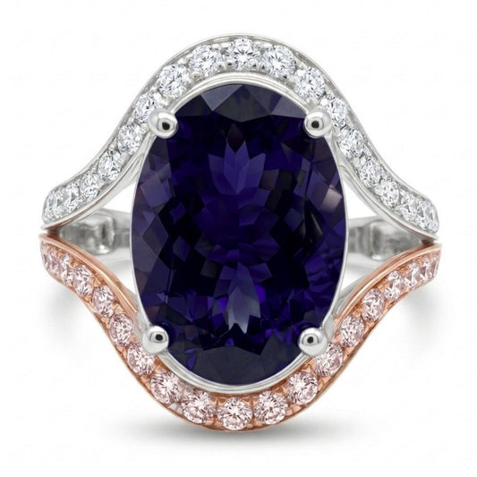 14K 4.40ct Oval Iolite 0.85cttw Pink & White Diamonds Ring